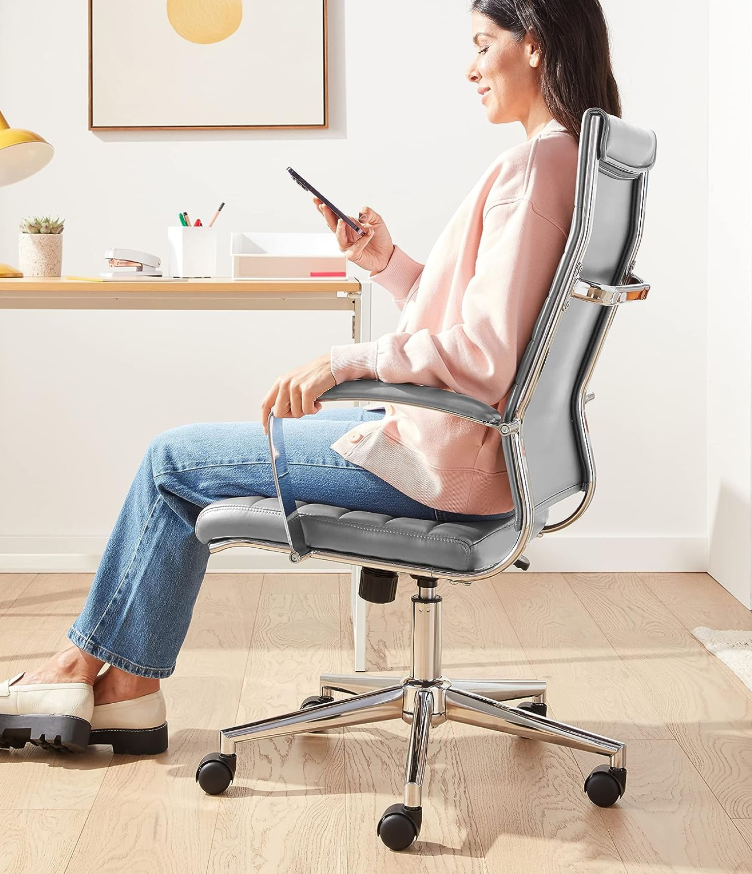 High-Back Executive Swivel Office Desk Chair with Ribbed Puresoft Upholstery - Image 2